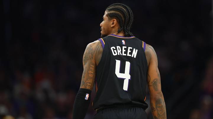 Apr 17, 2026; Phoenix, Arizona, USA; Detailed view of the jersey of Phoenix Suns guard Jalen Green (4) against the Golden State Warriors during the play-in rounds of the 2026 NBA Playoffs at Mortgage Matchup Center. Mandatory Credit: Mark J. Rebilas-Imagn Images Apr 17, 2026; Phoenix, Arizona, USA; Detailed view of the jersey of Phoenix Suns guard Jalen Green (4) against the Golden State Warriors during the play-in rounds of the 2026 NBA Playoffs at Mortgage Matchup Center. Mandatory Credit: Mark J. Rebilas-Imagn Images