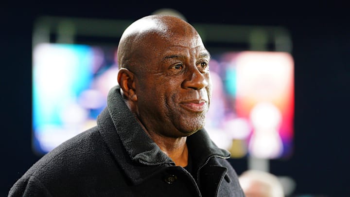 Nov 23, 2024; Kansas City, Missouri, USA; Magic Johnson attends the 2024 NWSL Championship match at CPKC Stadium. Mandatory Credit: Denny Medley-Imagn Images