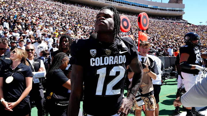 Sep 9, 2023; Boulder, Colorado, USA; Colorado Buffaloes cornerback Travis Hunter (12) following the