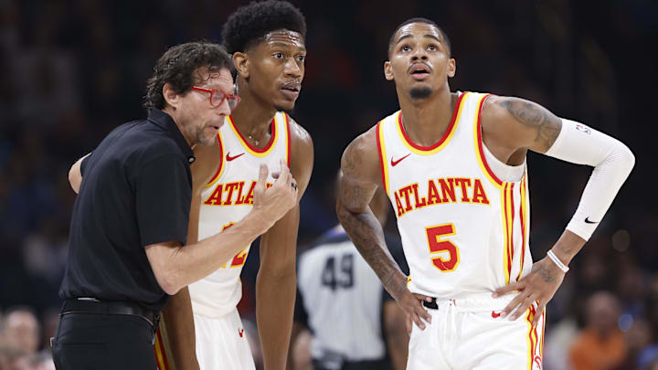 Nov 6, 2023; Oklahoma City, Oklahoma, USA; Atlanta Hawks head coach Quin Snyder talks with Atlanta