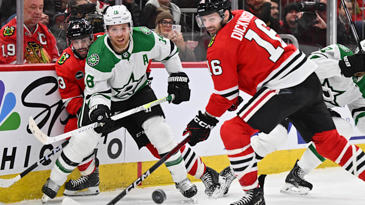 Jan 13, 2024; Chicago, Illinois, USA;  Dallas Stars forward Joe Pavelski (16) passes off the puck