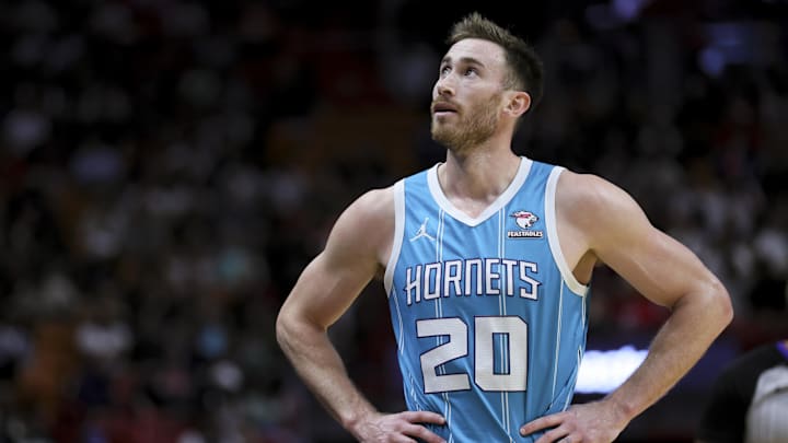 Dec 13, 2023; Miami, Florida, USA; Charlotte Hornets forward Gordon Hayward (20) looks on against