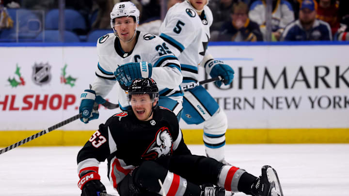 Dec 4, 2022; Buffalo, New York, USA;  San Jose Sharks center Logan Couture (39) looks for the puck