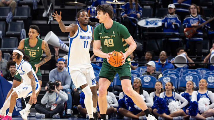 Feb 8, 2026; Memphis, Tennessee, USA; Charlotte 49ers center Anton Bonke (49) handles the ball against Memphis Tigers forward Aaron Bradshaw (11) during the first half at FedExForum. Mandatory Credit: Wesley Hale-Imagn Images