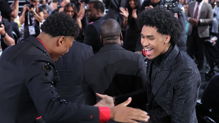Jun 25, 2025; Brooklyn, NY, USA;  Dylan Harper celebrates with Ace Bailey after being selected as the second pick by the San Antonio Spurs in the first round of the 2025 NBA Draft at Barclays Center. Mandatory Credit: Brad Penner-Imagn Images