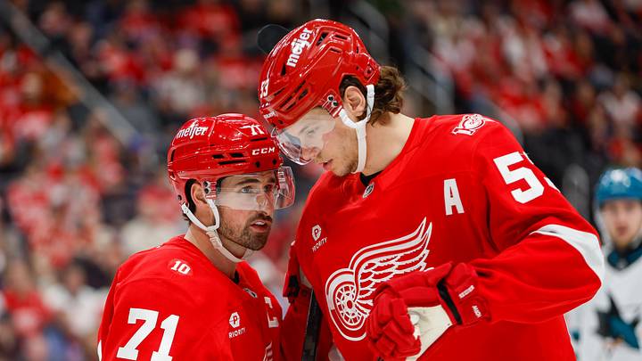 Jan 16, 2026; Detroit, Michigan, USADetroit Red Wings center Dylan Larkin (71) talks with defenseman Moritz Seider (53) during the first period against the San Jose Sharks  at Little Caesars Arena. Mandatory Credit: Brian Bradshaw Sevald-Imagn Images