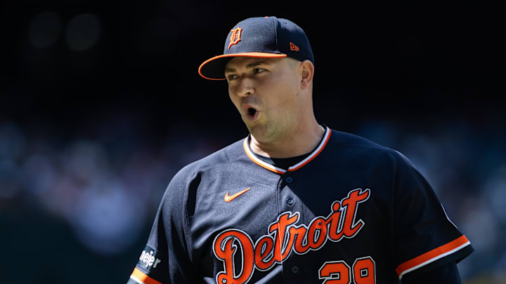 Detroit Tigers pitcher Tarik Skubal reacts against the Arizona Diamondbacks at Chase Field. Mandatory Credit: Mark J. Rebilas-Imagn Images