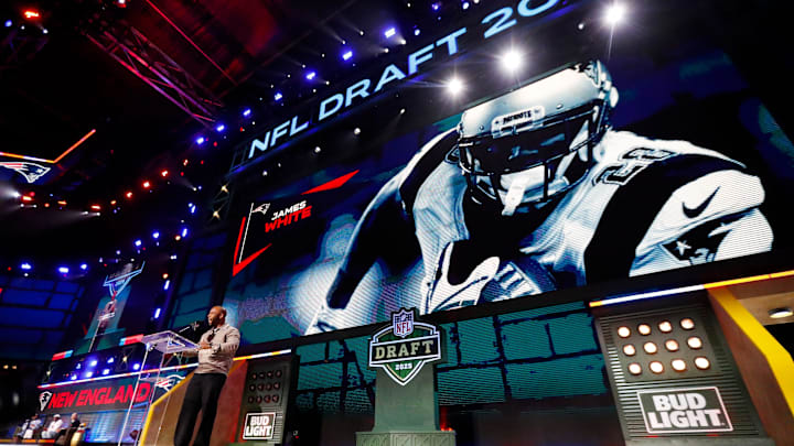 Former New England Patriots running back James White announces the team’s selection with the 95th overall pick during the round of the 2025 NFL Draft on Friday, April 25, 2025, at Lambeau Field in Green Bay, Wisconsin. The draft runs through April 26.
Tork Mason/USA TODAY NETWORK-Wisconsin