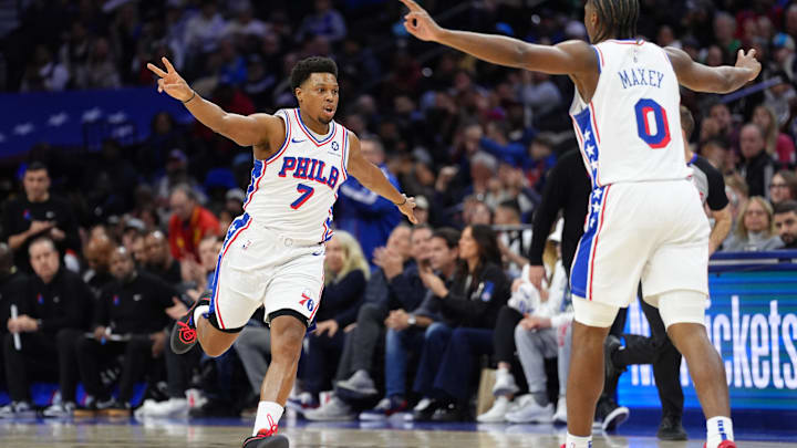 Feb 2, 2025; Philadelphia, Pennsylvania, USA; Philadelphia 76ers guard Kyle Lowry (7) reacts against the Boston Celtics in the second quarter at Wells Fargo Center. Mandatory Credit: Kyle Ross-Imagn Images Feb 2, 2025; Philadelphia, Pennsylvania, USA; Philadelphia 76ers guard Kyle Lowry (7) reacts against the Boston Celtics in the second quarter at Wells Fargo Center. Mandatory Credit: Kyle Ross-Imagn Images
