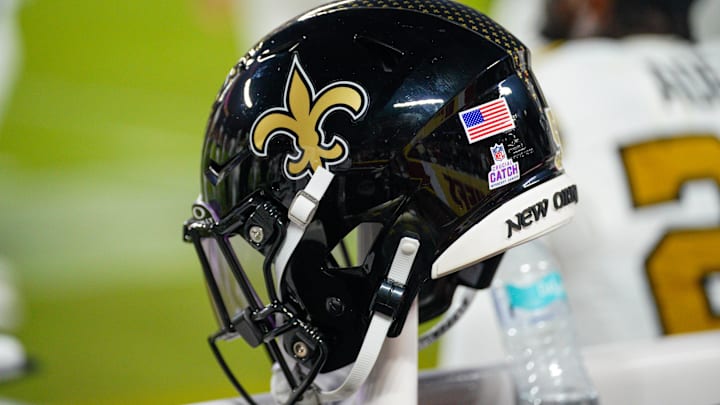 Oct 7, 2024; Kansas City, Missouri, USA; A general view of a New Orleans Saints helmet against the Kansas City Chiefs during the first half at GEHA Field at Arrowhead Stadium. Mandatory Credit: Denny Medley-Imagn Images