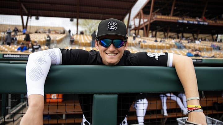 Mar 1, 2023; Phoenix, Arizona, USA; Chicago White Sox infielder Colson Montgomery against the Cleveland Guardians during a spring training game at Camelback Ranch-Glendale. Mandatory Credit: Mark J. Rebilas-Imagn Images
