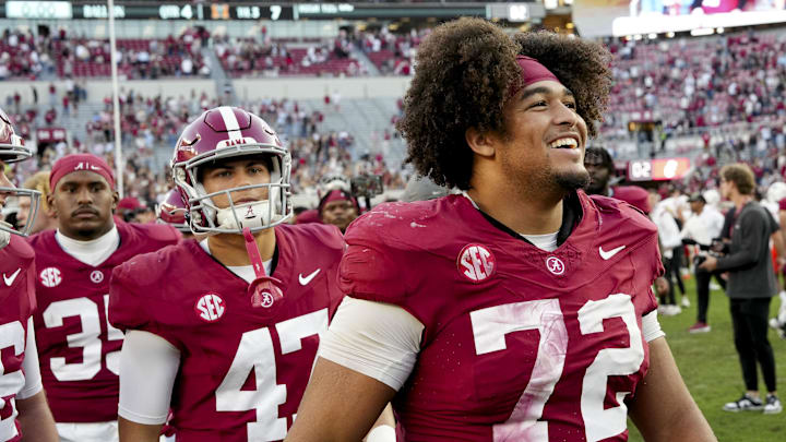 Nov 16, 2024; Tuscaloosa, AL, USA; Alabama Crimson Tide offensive lineman Parker Brailsford (72) smiles as he leaves the field after defeating the Mercer Bears at Bryant-Denny Stadium Mandatory Credit: Gary Cosby Jr.-Imagn Images
