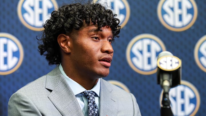 Jul 14, 2025; Atlanta, GA, USA; Ole Miss Rebels quarterback Austin Simmons answers media questions during SEC Media Day at Omni Atlanta Hotel. Mandatory Credit: Jordan Godfree-Imagn Images