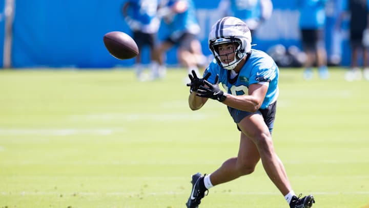 Jul 24, 2025; Charlotte, NC, USA; Carolina Panthers wide receiver Jalen Coker (18) catches a pass during trying camp. Mandatory Credit: Scott Kinser-Imagn Images