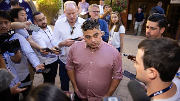 Nov 7, 2023; Scottsdale, AZ, USA; Los Angeles Angels general manager Perry Minasian speaks to the media during the MLB General Manager's Meetings at Omni Scottsdale Resort & Spa. Mandatory Credit: Mark J. Rebilas-Imagn Images