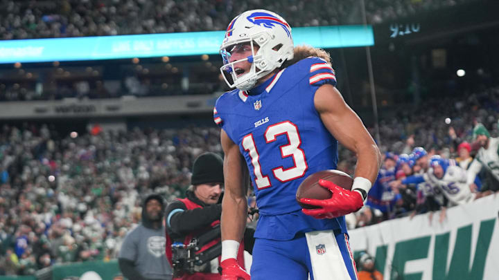 Oct 14, 2024; East Rutherford, New Jersey, USA; Buffalo Bills wide receiver Mack Hollins (13) celebrates after catching a touchdown pass during the first half against the New York Jets at MetLife Stadium. Mandatory Credit: Lucas Boland-Imagn Images