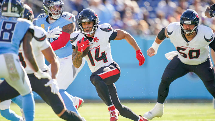 Houston Texans wide receiver Jaylin Noel (14) runs during the second quarter against the Tennessee Titans at Nissan Stadium in Nashville, Tenn., Sunday, Nov. 16, 2025.