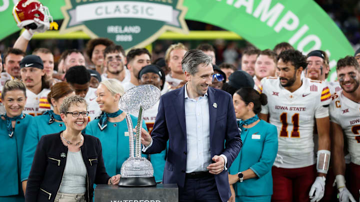 Aug 23, 2025; Dublin, IRELAND; Iowa State is presented with a Waterford trophy after defeating Kansas State during the Aer Lingus Classic between Iowa State and Kansas State at Aviva Stadium. Mandatory Credit: Laszlo Geczo/INPHO via Imagn Images