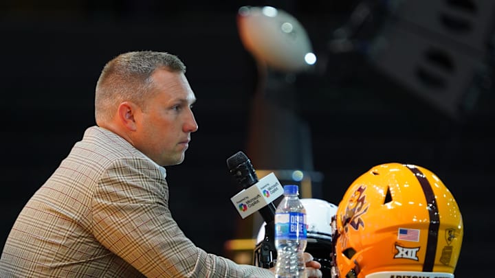 Jul 8, 2025; Frisco, TX, USA; Arizona State head coach Kenny Dillingham addresses the media during 2025 Big 12 Football Media Days at The Star. Mandatory Credit: Raymond Carlin III-Imagn Images