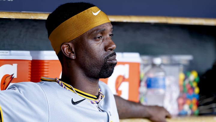 Jun 17, 2025; Detroit, Michigan, USA;  Pittsburgh Pirates outfielder Andrew McCutchen (22) sits in the dugout in the second inning against the Detroit Tigers at Comerica Park. Mandatory Credit: Rick Osentoski-Imagn Images