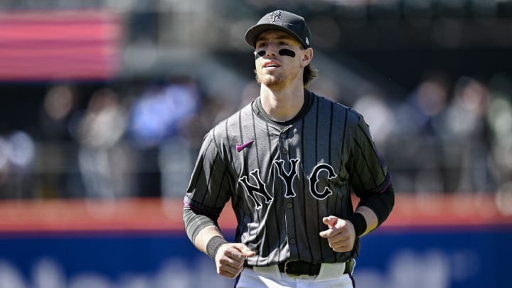May 11, 2024; New York City, New York, USA; New York Mets third baseman Brett Baty (22) during a game against the Atlanta Braves at Citi Field. Mandatory Credit: John Jones-USA TODAY Sports