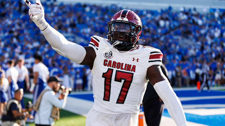 Sep 7, 2024; Lexington, Kentucky, USA; South Carolina Gamecocks linebacker Demetrius Knight Jr. (17) celebrates after a touchdown during the fourth quarter against the Kentucky Wildcats at Kroger Field. Mandatory Credit: Jordan Prather-Imagn Images