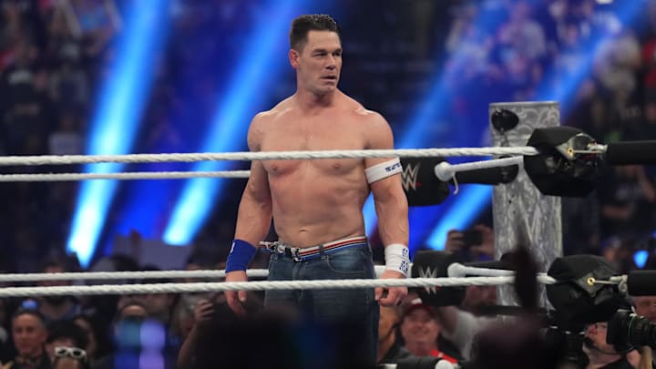 Feb 1, 2025; Indianapolis, IN, USA; John Cena during the Men’s Royal Rumble match during the WWE Royal Rumble at Lucas Oil Stadium. Mandatory Credit: Joe Camporeale-Imagn Images
