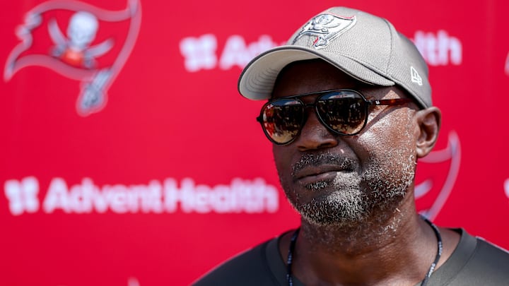 Jun 10, 2025; Tampa Bay, FL, USA; Tampa Bay Buccaneers head coach Todd Bowles gives a press conference after mini camp at AdventHealth Training Center. Mandatory Credit: Nathan Ray Seebeck-Imagn Images