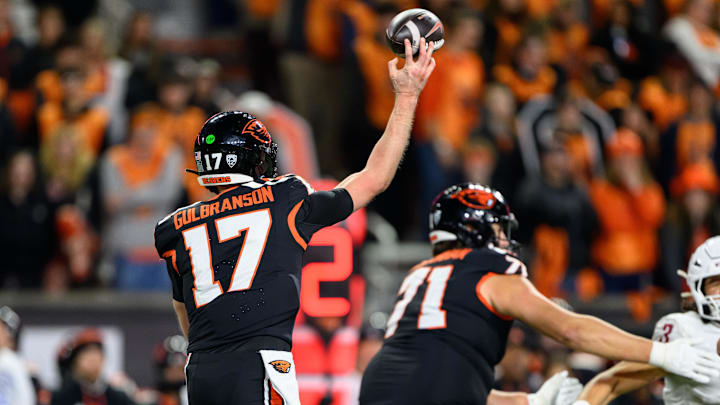 Nov 23, 2024; Corvallis, Oregon, USA; Oregon State Beavers quarterback Ben Gulbranson (17) throws the ball during the fourth quarter against the Washington State Cougars at Reser Stadium. Mandatory Credit: Craig Strobeck-Imagn Images