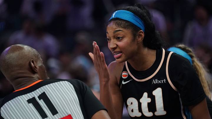 Atlanta Dream forward Angel Reese (5) talks with a referee during the game against the Golden State Valkyries. Atlanta Dream forward Angel Reese (5) talks with a referee during the game against the Golden State Valkyries.