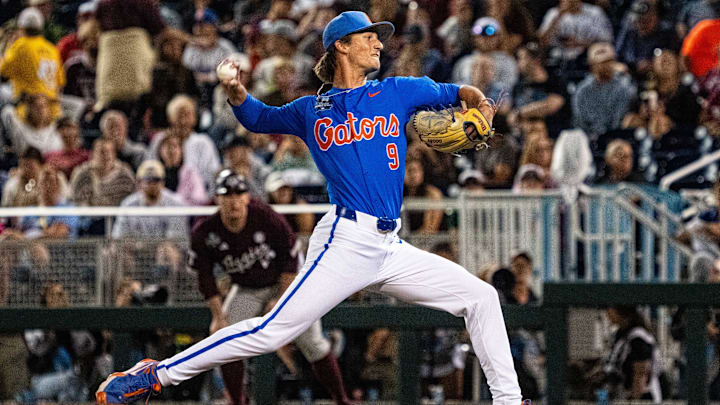 Jun 19, 2024; Omaha, NE, USA; Florida Gators pitcher Luke McNeillie (9) pitches against the Texas A&M Aggies during the ninth inning at Charles Schwab Field Omaha. Mandatory Credit: Dylan Widger-Imagn Images