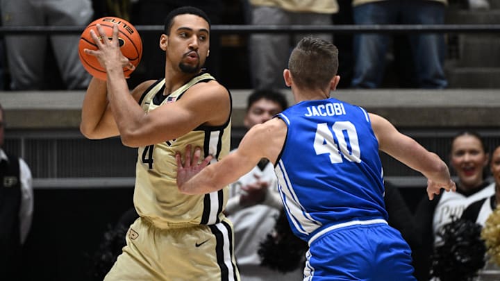 Purdue Boilermakers forward Trey Kaufman-Renn looks to get past Eastern Illinois Panthers forward Kooper Jacobi 