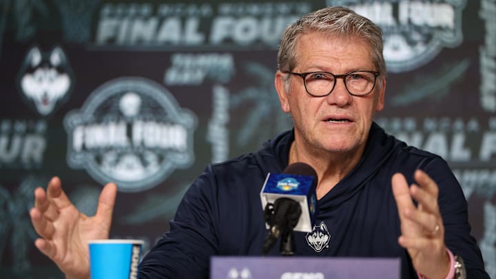 Apr 5, 2025; Tampa, FL, USA; UConn Huskies head coach Geno Auriemma talks to media before the NCAA Woman’s Final practice at Amalie Arena. Mandatory Credit: Nathan Ray Seebeck-Imagn Images