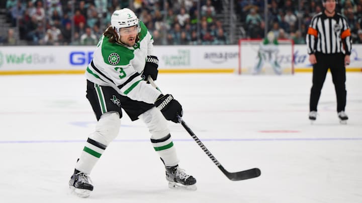 Mar 30, 2024; Seattle, Washington, USA; Dallas Stars defenseman Chris Tanev (3) passes the puck