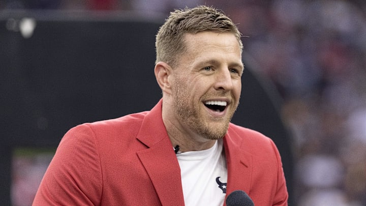 Former Houston Texans JJ Watt speaks to the fans during his Ring Of Honor Ceremony at halftime during the game between the Texans and Pittsburgh Steelers at NRG Stadium. 
