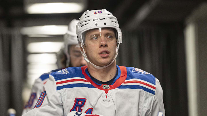 Jan 23, 2026; San Jose, California, USA;  New York Rangers left wing Artemi Panarin (10) before the start of warm ups against the San Jose Sharks at SAP Center at San Jose. Mandatory Credit: Stan Szeto-Imagn Images