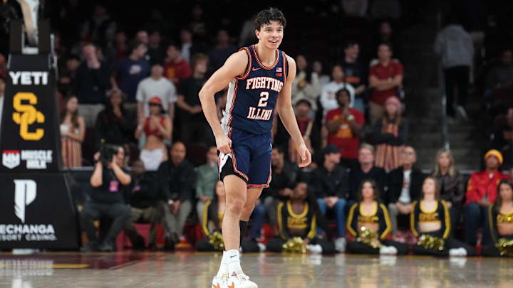 Feb 18, 2026; Los Angeles, California, USA; Illinois Fighting Illini guard Andrej Stojakovic (2) reacts against the Southern California Trojans in the first half at Galen Center. Mandatory Credit: Kirby Lee-Imagn Images