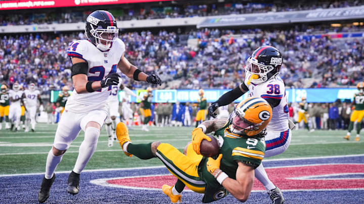 Green Bay Packers wide receiver Christian Watson (9) catches the ball during a game against the New York Giants at MetLife Stadium, Nov 16, 2025, East Rutherford, NJ, USA.