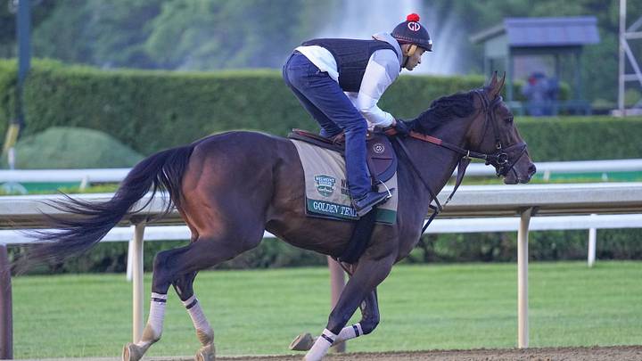 Golden Tempo breezes during morning workouts at Saratoga Race Course ahead of the Belmont.