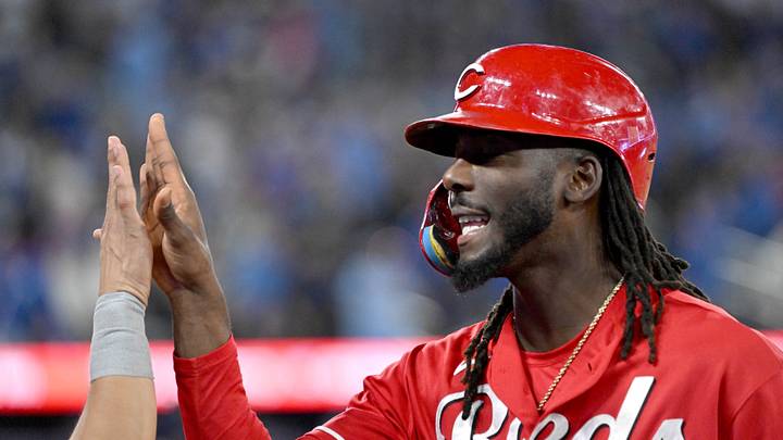 Sep 25, 2026; Toronto, Ontario, CAN; Cincinnati Reds designated hitter Elly De La Cruz (44) is greeted by a teammate as he comes off the field in the seventh inning against the Toronto Blue Jays at Rogers Centre. Mandatory Credit: Dan Hamilton-Imagn Images Sep 25, 2026; Toronto, Ontario, CAN; Cincinnati Reds designated hitter Elly De La Cruz (44) is greeted by a teammate as he comes off the field in the seventh inning against the Toronto Blue Jays at Rogers Centre. Mandatory Credit: Dan Hamilton-Imagn Images