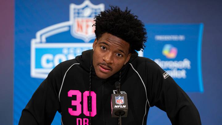 Feb 26, 2026; Indianapolis, IN, USA; Toledo defensive back Avery Smith (DB30) speaks to members of the media during the NFL Combine at the Indiana Convention Center. Mandatory Credit: Jacob Musselman-Imagn Images