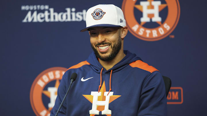 Aug 11, 2025; Houston, Texas, USA; Houston Astros third baseman Carlos Correa talks with media before the game against the Boston Red Sox at Daikin Park. Aug 11, 2025; Houston, Texas, USA; Houston Astros third baseman Carlos Correa talks with media before the game against the Boston Red Sox at Daikin Park.