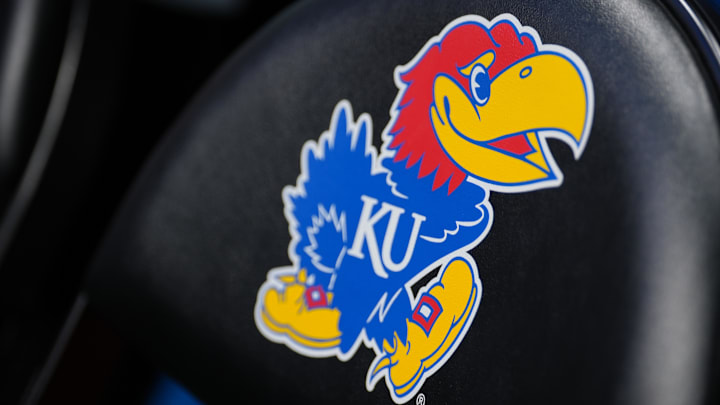 Nov 16, 2024; Lawrence, Kansas, USA; A general view of the Kansas Jayhawks logo on a bench chair prior to a game against the Oakland Golden Grizzlies at Allen Fieldhouse. Mandatory Credit: Denny Medley-Imagn Images Nov 16, 2024; Lawrence, Kansas, USA; A general view of the Kansas Jayhawks logo on a bench chair prior to a game against the Oakland Golden Grizzlies at Allen Fieldhouse. Mandatory Credit: Denny Medley-Imagn Images