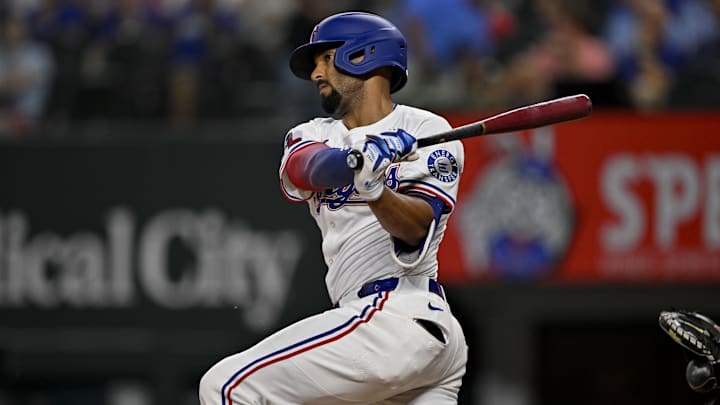 Aug 11, 2025; Arlington, Texas, USA; Texas Rangers second baseman Marcus Semien (2) bats during the game between the Texas Rangers and the Arizona Diamondbacks at Globe Life Field. Mandatory Credit: Jerome Miron-Imagn Images