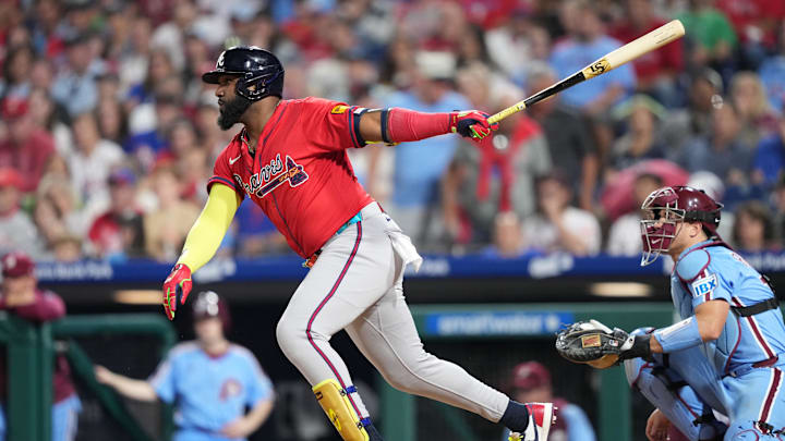 Aug 28, 2025; Philadelphia, Pennsylvania, USA; Atlanta Braves designated hitter Marcell Ozuna (20) hits a single against the Philadelphia Phillies in the seventh inning at Citizens Bank Park. Mandatory Credit: Kyle Ross-Imagn Images