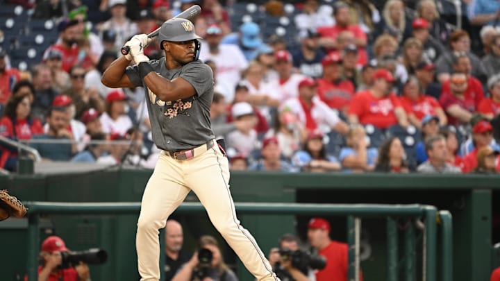 Sep 29, 2024; Washington, District of Columbia, USA; Washington Nationals left fielder Stone Garrett (36) waits for a pitch during an at bat against the Philadelphia Phillies during the eighth inning at Nationals Park. Sep 29, 2024; Washington, District of Columbia, USA; Washington Nationals left fielder Stone Garrett (36) waits for a pitch during an at bat against the Philadelphia Phillies during the eighth inning at Nationals Park.