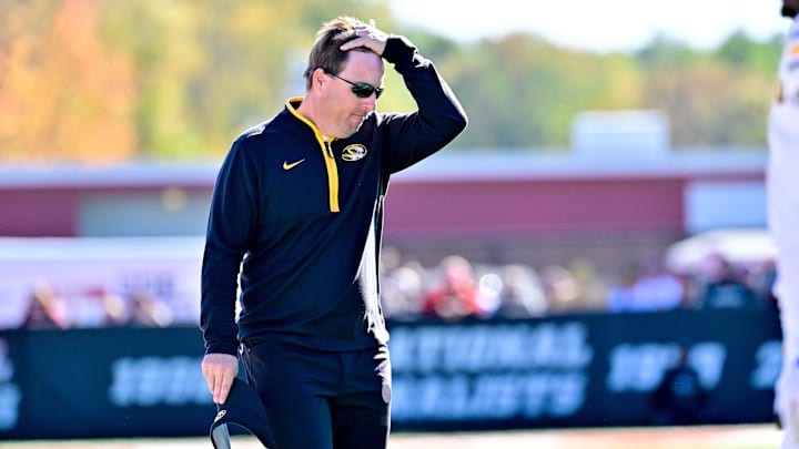 Oct 12, 2024; Amherst, Massachusetts, USA; Missouri Tigers head coach Eliah Drinkwitz walks on the sideline during the second half against the Massachusetts Minutemen at Warren McGuirk Alumni Stadium. Mandatory Credit: Eric Canha-Imagn Images