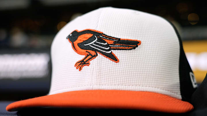 May 19, 2025; Milwaukee, Wisconsin, USA;  General view of a Baltimore Orioles cap during warmups prior to the game against the Milwaukee Brewers at American Family Field.