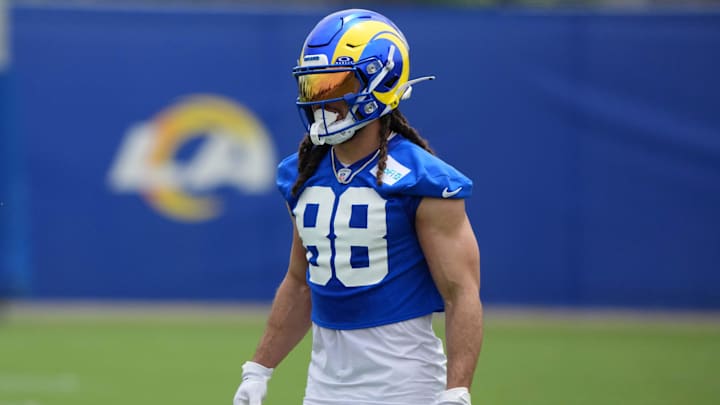 May 28, 2025; Woodland Hills, CA, USA; Los Angeles Rams receiver Jordan Whittington (88) during organized team activities at Rams Practice Facility. Mandatory Credit: Kirby Lee-Imagn Images