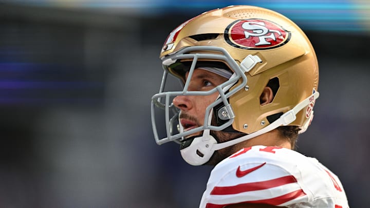 Sep 15, 2024; Minneapolis, Minnesota, USA; San Francisco 49ers defensive end Nick Bosa (97) looks on before the game against the Minnesota Vikings at U.S. Bank Stadium. Mandatory Credit: Jeffrey Becker-Imagn Images